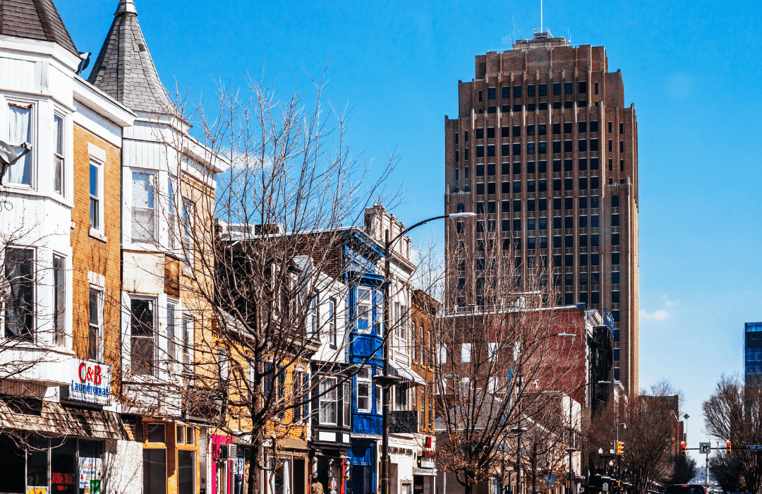 Downtown Allentown, PA featuring historic rowhouses and the iconic PPL building, symbolizing the city where injured workers may seek workers’ compensation help.