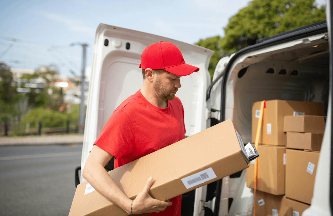 Delivery driver loading packages into van after work injury risk in Reading Pennsylvania workers compensation job site