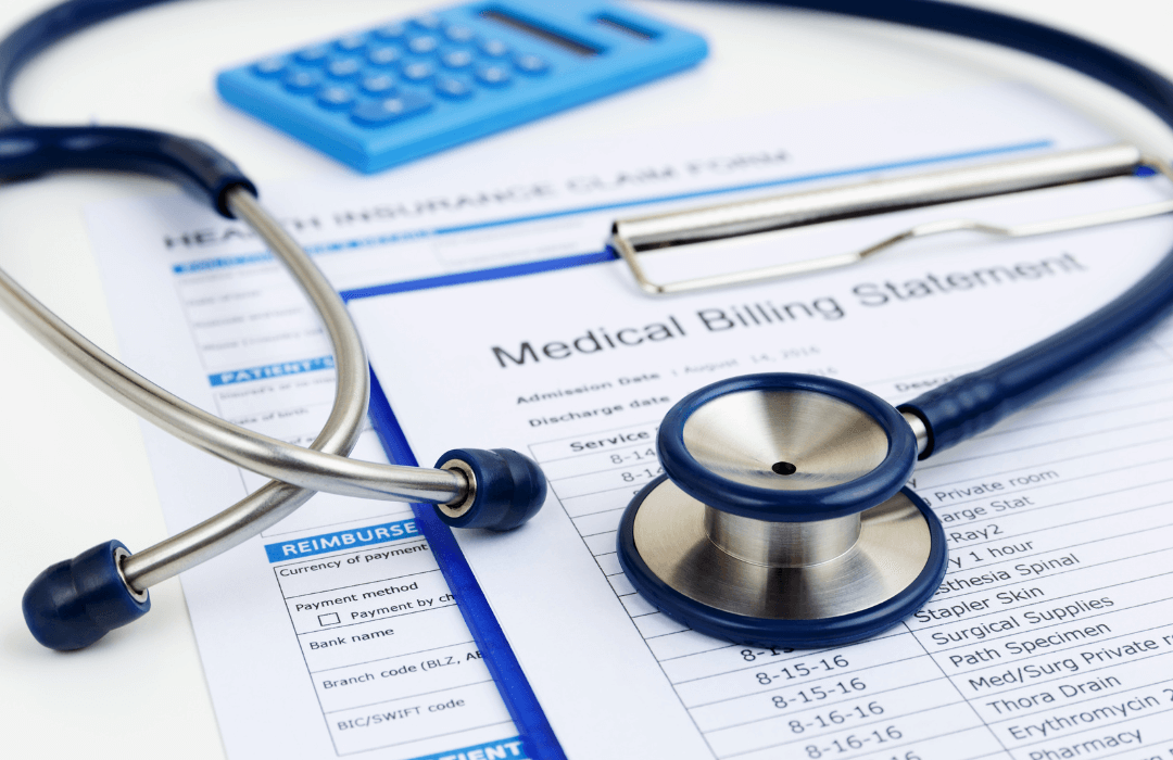 Medical billing statement with stethoscope and calculator symbolizing insurance company violations in Pennsylvania workers’ compensation cases and penalty petitions.