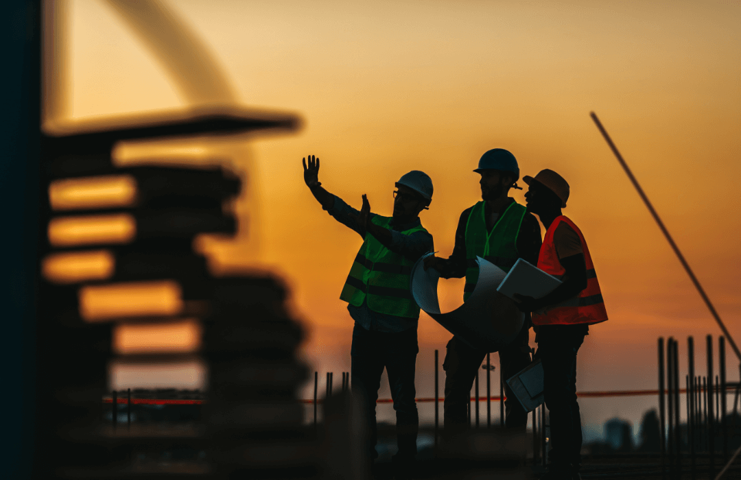 Construction workers in safety vests reviewing plans at a job site during sunset, symbolizing Pennsylvania workers’ compensation benefits and workplace injury claims.